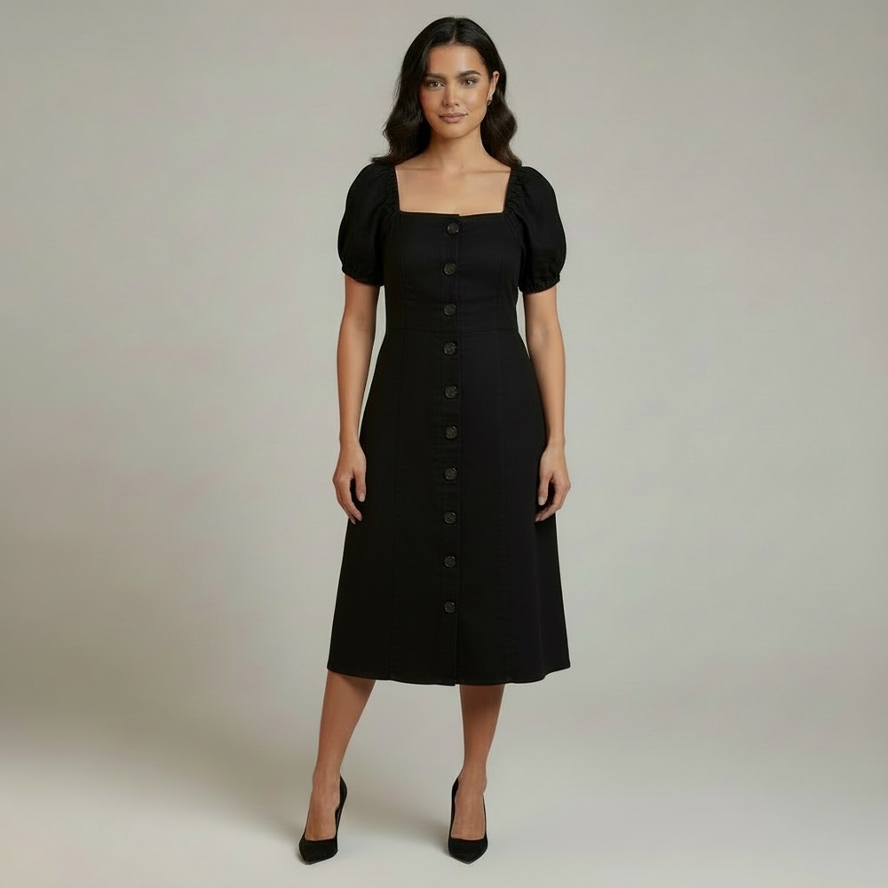 Classic Black Button Front Midi Dress–Square Neck Puff Sleeve A-Line Linen Dress